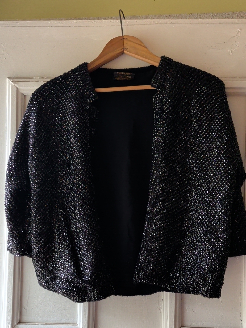 Vintage Voguemont 100% Wool Sparkling Black Open-Front Knit Cardigan